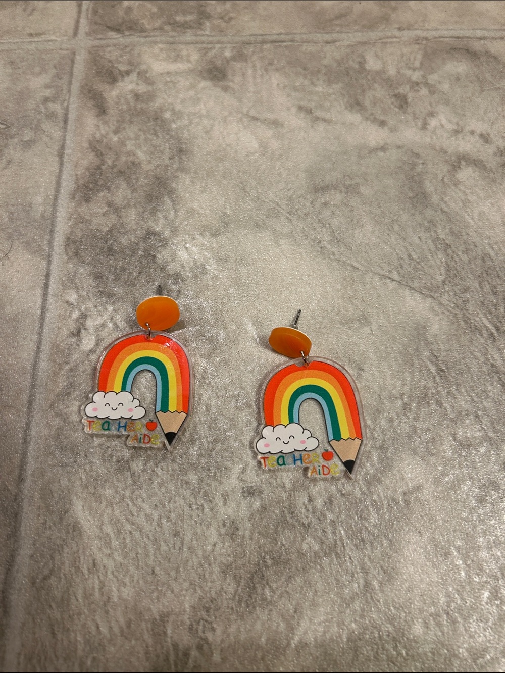 Cute Rainbow Pencil Teacher Aide Earrings - Orange